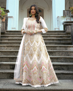 White Wedding Wear Anarkali Frock Suit With Net Dupatta