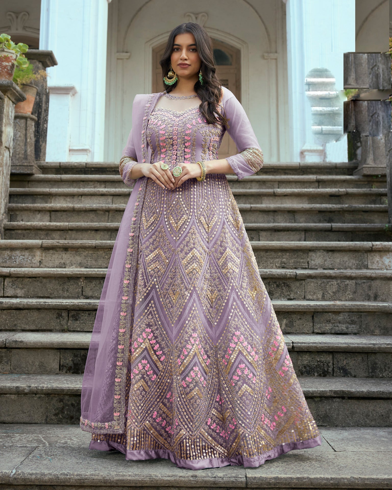 Lavender Wedding Wear Anarkali Frock Suit With Net Dupatta