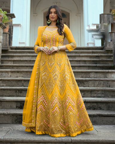 Yellow Wedding Wear Anarkali Frock Suit With Net Dupatta