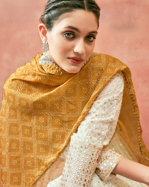 Daisy White Georgette Mirror Resham & Thread Work Anarkali Suit With Bandhani Dupatta