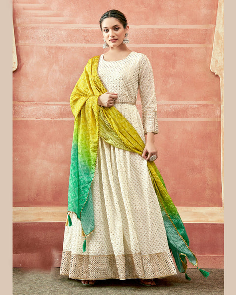 Daisy White Georgette Mirror Resham & Thread Work Anarkali Suit With Bandhani Dupatta