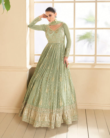 Green Pure Viscose Silk Sequins Embroidered Anarkali Gown With Dupatta