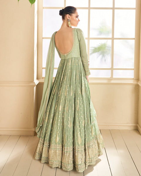 Green Pure Viscose Silk Sequins Embroidered Anarkali Gown With Dupatta
