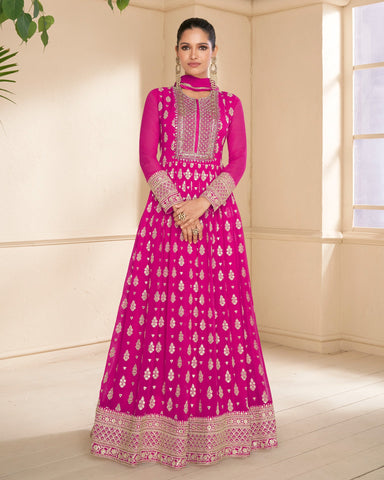Dark Pink Pure Chinnon Silk Sequins & Mirror Embroidered Anarkali Gown With Dupatta