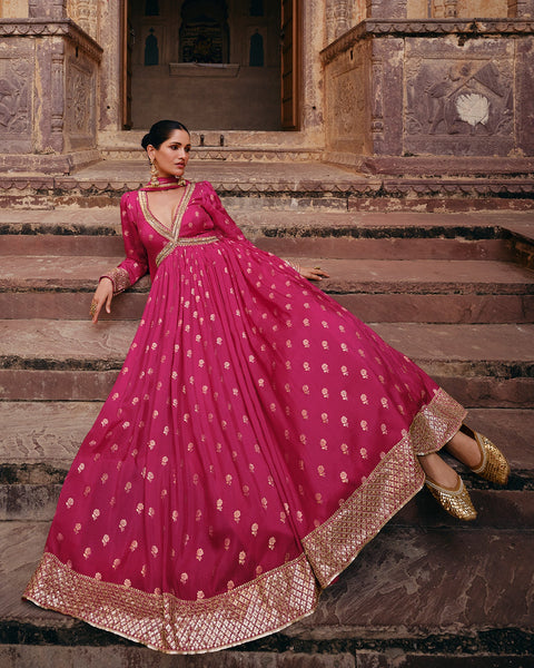 Pink Pure Jacquard Viscose Silk Anarkali Suit With Pink Dupatta