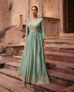 Sky Blue Pure Jacquard Viscose Silk Anarkali Suit With Dupatta
