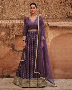 Purple Pure Jacquard Viscose Silk Anarkali Suit With Dupatta