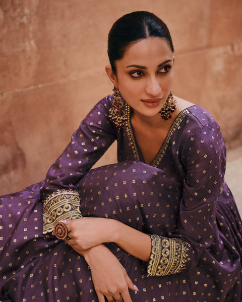 Purple Pure Jacquard Viscose Silk Anarkali Suit With Dupatta