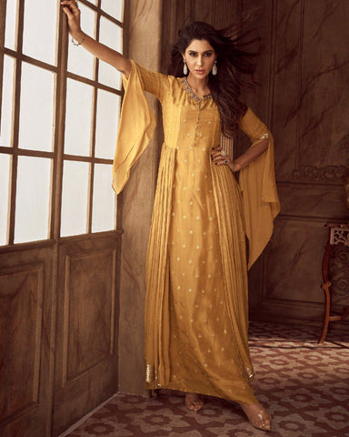 Faux Georgette Sequins Work Yellow Anarkali Gown With Dupatta