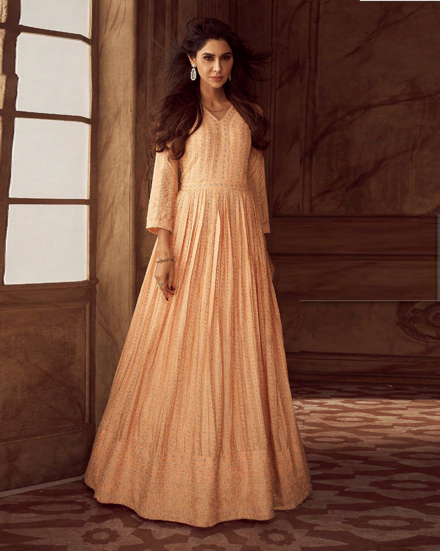 Peach Sequence Embroidery Work Anarkali Gown