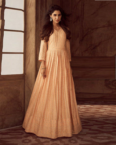 Faux Georgette Sequins Work Peach Anarkali Gown With Dupatta