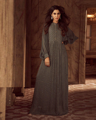 Faux Georgette Sequins Work Grey Anarkali Gown With Dupatta