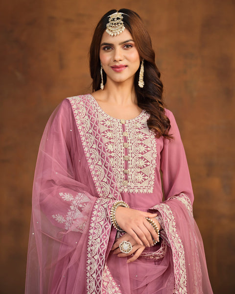 Pink Faux Georgette Anarkali Suit With Palazzo & Net Embroidered Dupatta