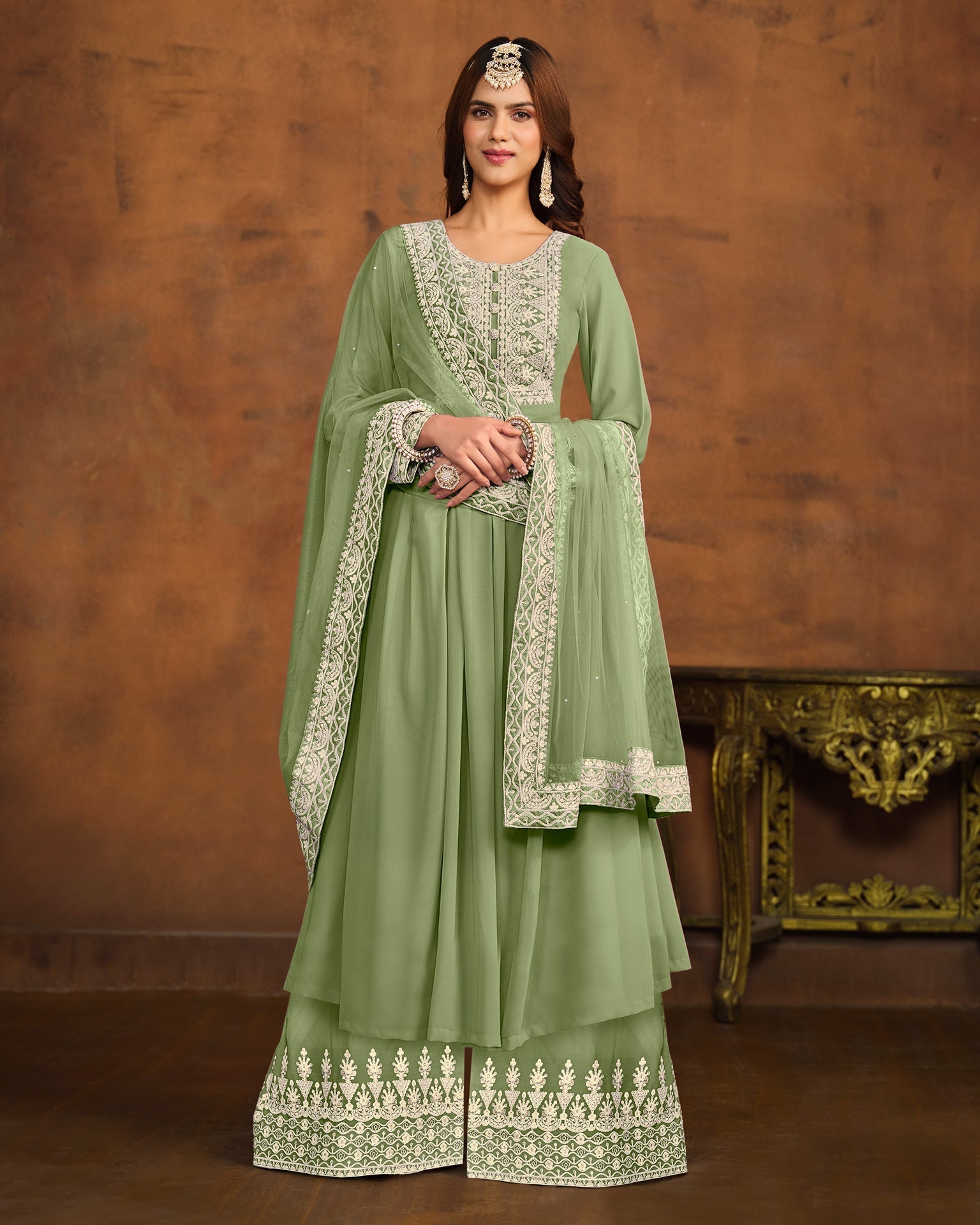 Green Faux Georgette Anarkali Suit With Palazzo & Net Embroidered Dupatta