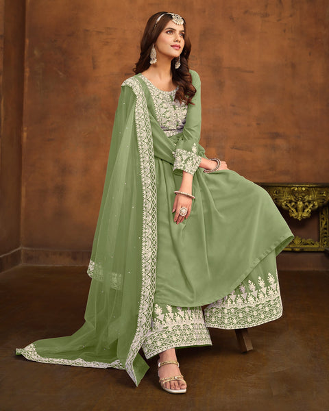 Green Faux Georgette Anarkali Suit With Palazzo & Net Embroidered Dupatta
