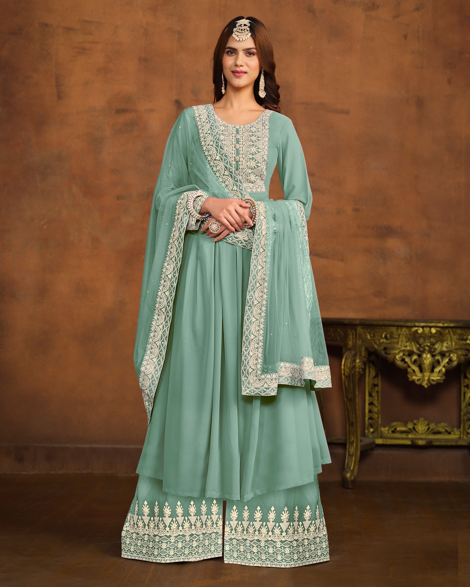 Sky Blue Faux Georgette Anarkali Suit With Palazzo & Net Embroidered Dupatta