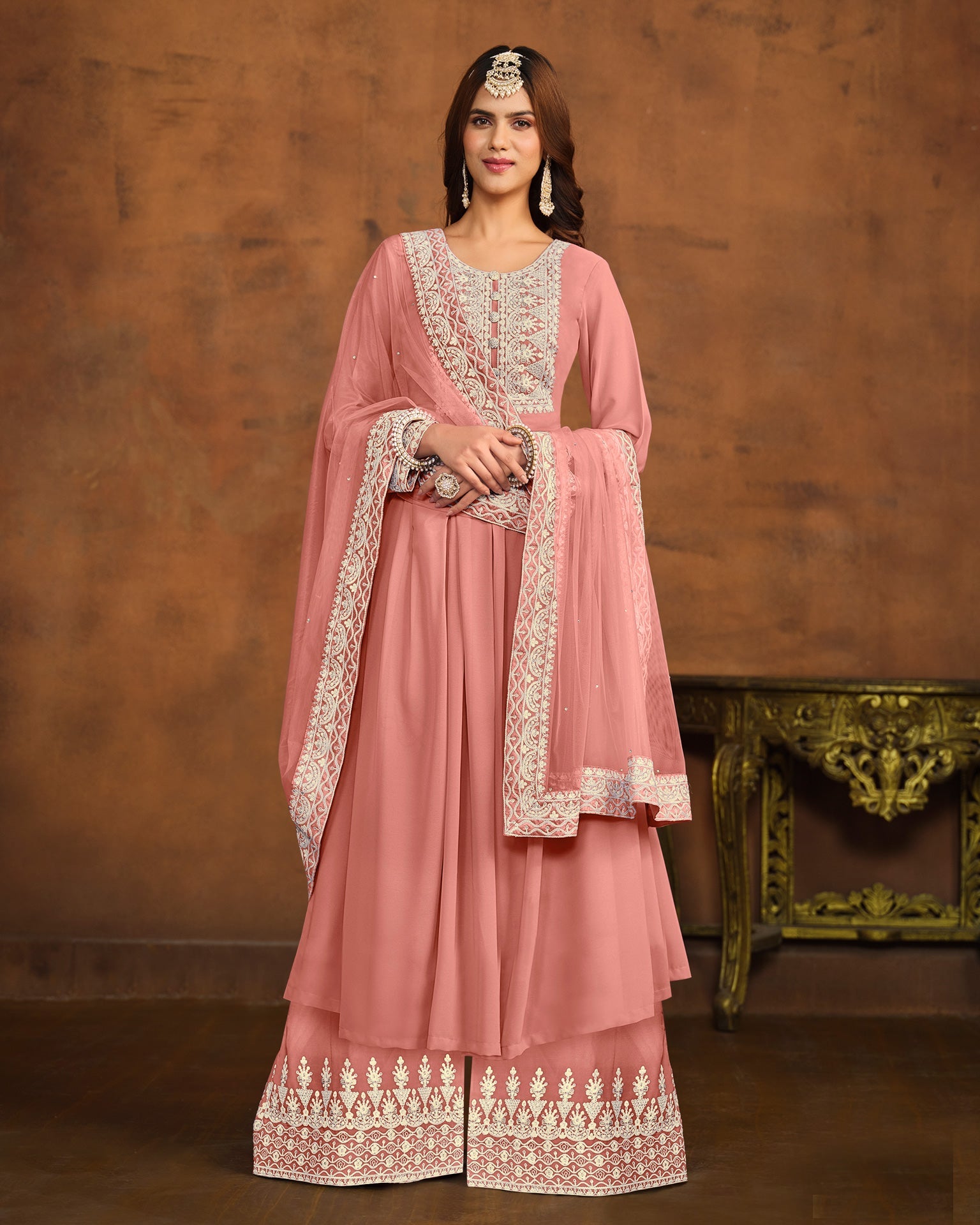 Rose Pink Faux Georgette Anarkali Suit With Palazzo & Net Embroidered Dupatta