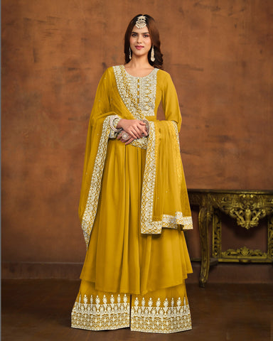 Yellow Faux Georgette Anarkali Suit With Palazzo & Net Embroidered Dupatta