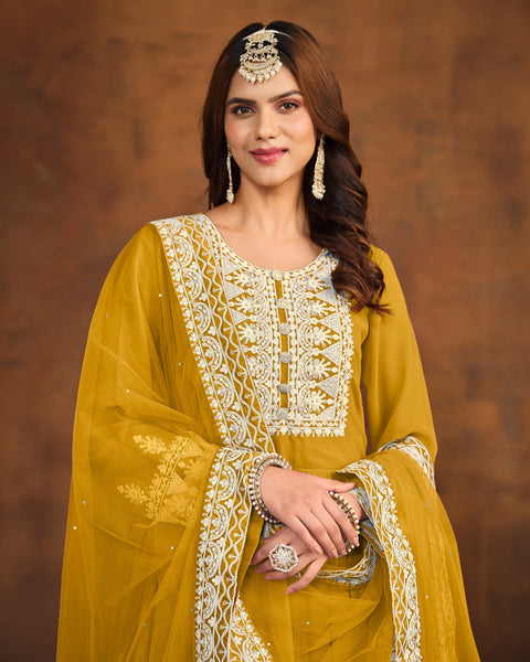 Yellow Faux Georgette Anarkali Suit With Palazzo & Net Embroidered Dupatta