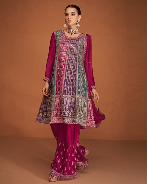 Pink Chinnon Silk Frock Suit With Palazzo