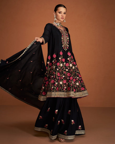 Black Chinnon Silk Frock Suit With Palazzo