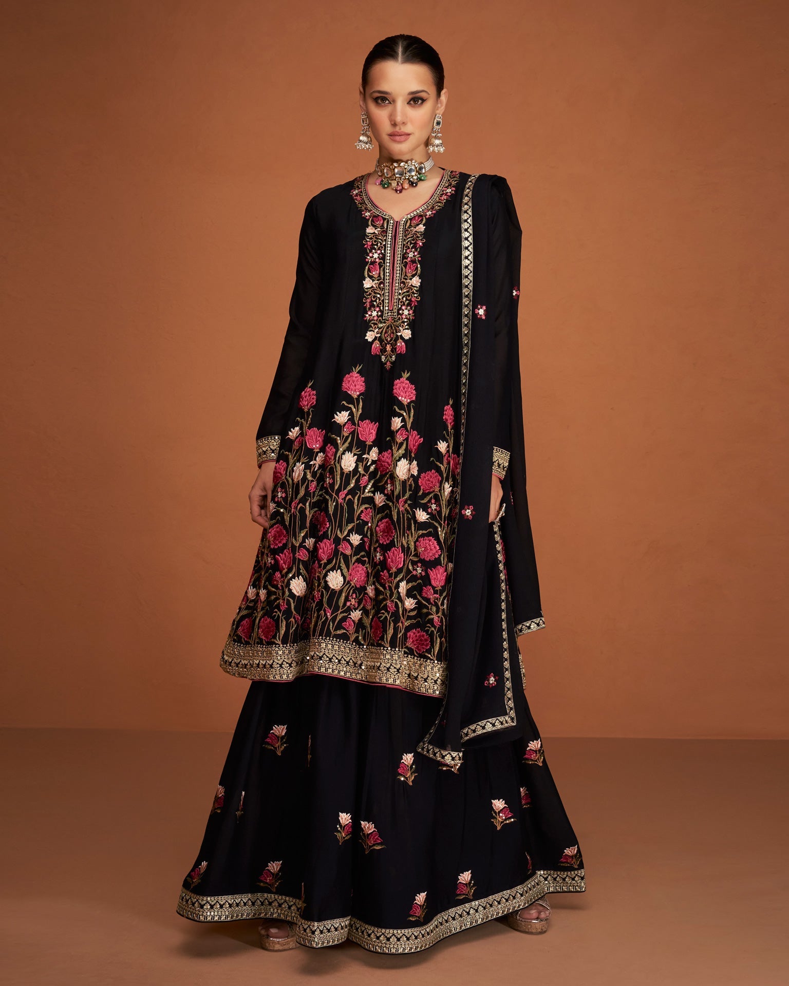 Black Chinnon Silk Frock Suit With Palazzo