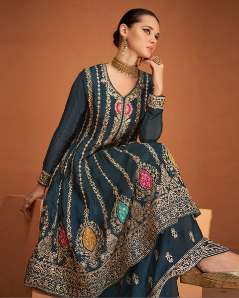 Blue Chinnon Silk Frock Suit With Palazzo
