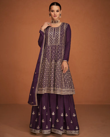 Purple Chinnon Silk Frock Suit With Palazzo