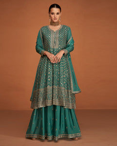 Green Chinnon Silk Frock Suit With Palazzo