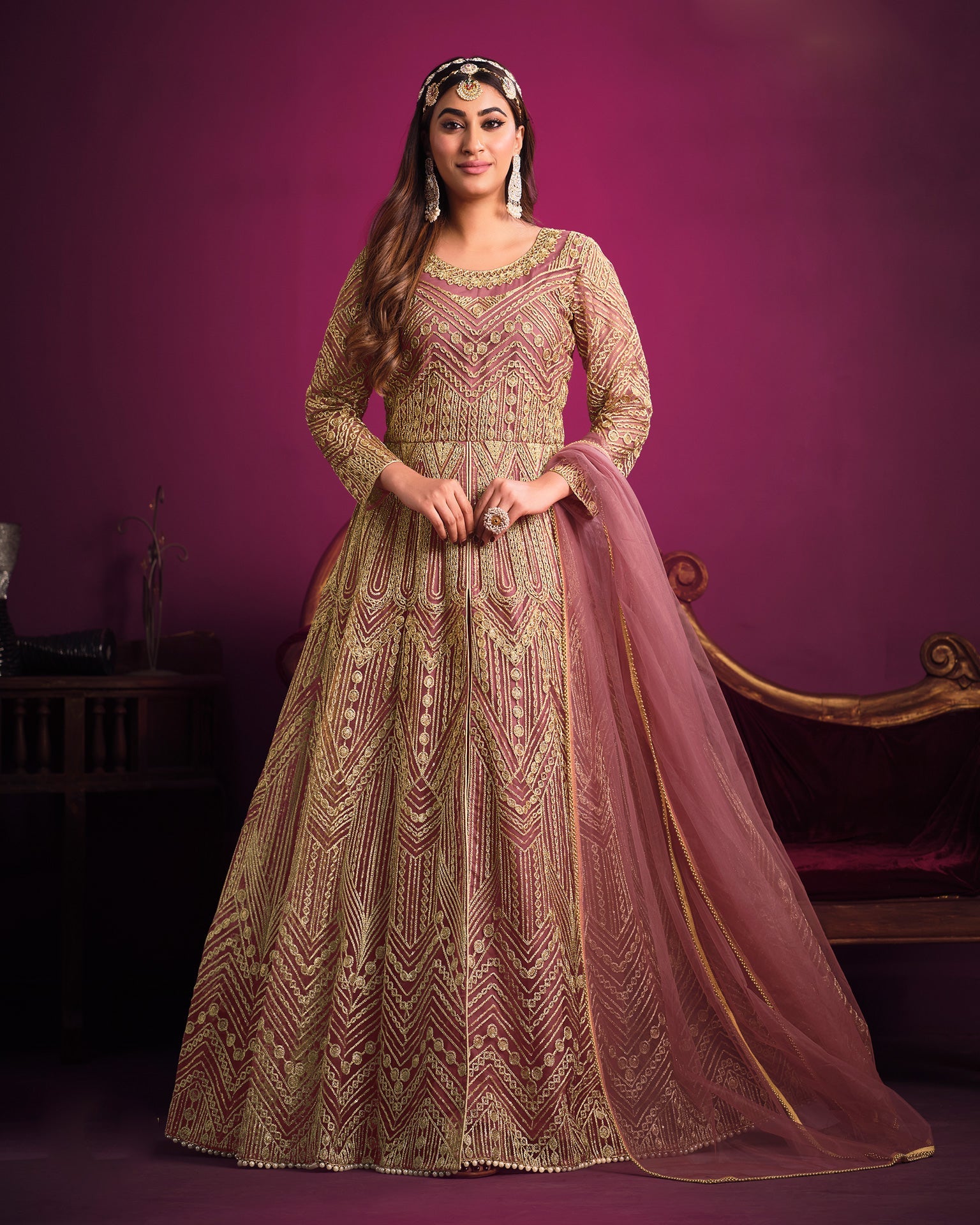 Pink Wedding Wear Net  Anarkali Frock Suit With Dupatta