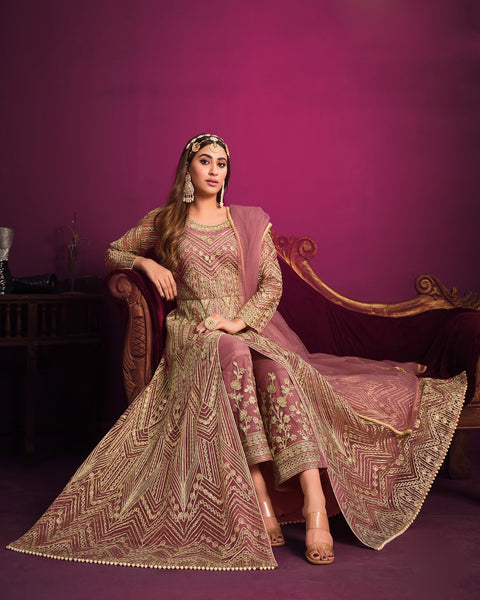 Pink Wedding Wear Net  Anarkali Frock Suit With Dupatta