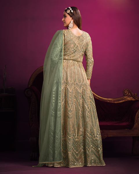 Green Wedding Wear Net  Anarkali Frock Suit With Dupatta