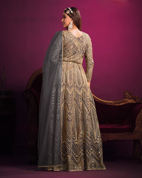 Grey Wedding Wear Net  Anarkali Frock Suit With Dupatta
