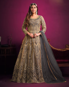Grey Wedding Wear Net  Anarkali Frock Suit With Dupatta