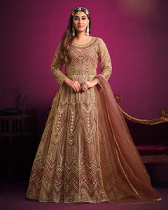Light Brown Wedding Wear Net  Anarkali Frock Suit With Dupatta