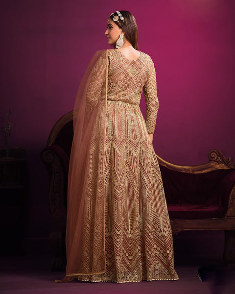 Light Brown Wedding Wear Net  Anarkali Frock Suit With Dupatta