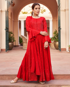 Naira Cut Red Chinon Bell Sleeve Embroidered Frock Suit With Sharara