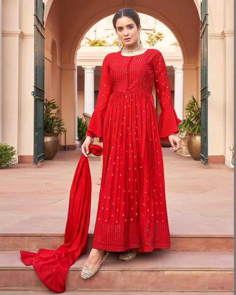 Naira Cut Red Chinon Bell Sleeve Embroidered Frock Suit With Sharara