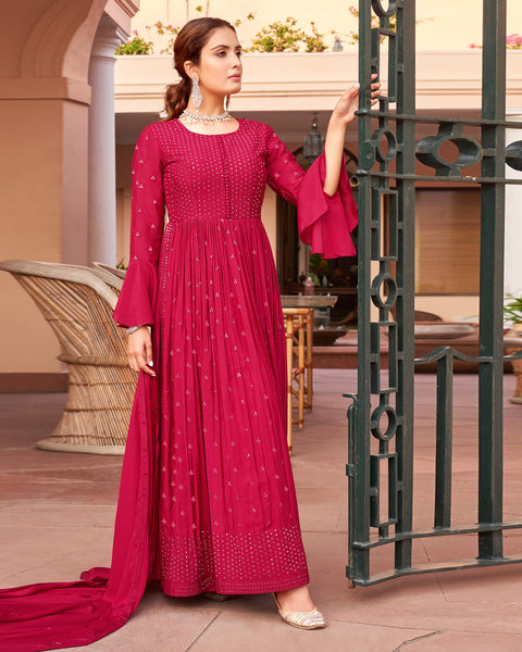 Naira Cut Pink Chinon Bell Sleeve Embroidered Frock Suit With Sharara