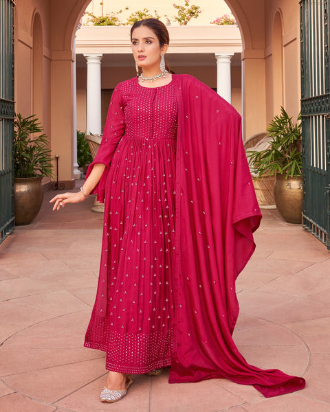 Naira Cut Pink Chinon Bell Sleeve Embroidered Frock Suit With Sharara