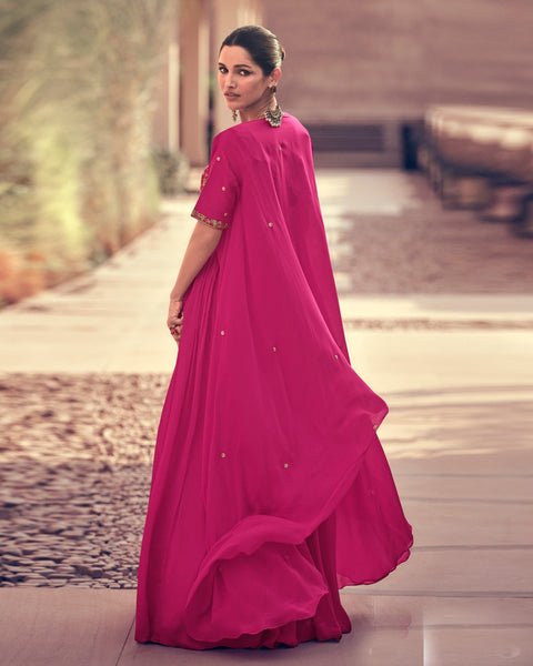 Chinnon Silk Stone & Cutdana Work Pink Anarkali Kameez With Dupatta