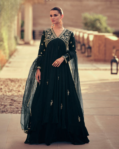 Chinnon Silk Stone & Cutdana Work Black Anarkali Kameez With Dupatta