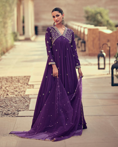 Chinnon Silk Stone & Cutdana Work Purple Anarkali Kameez With Dupatta