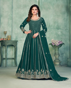 Green Faux Georgette Sequins Work Anarkali Suit With Embroidered Dupatta