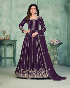 Purple Faux Georgette Sequins Work Anarkali Suit With Embroidered Dupatta