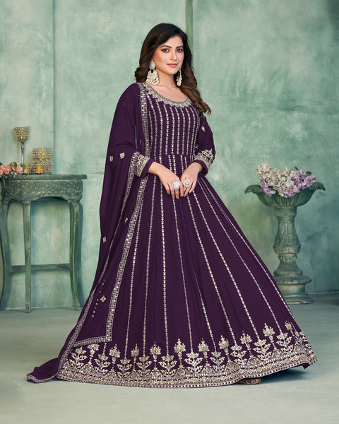 Purple Faux Georgette Sequins Work Anarkali Suit With Embroidered Dupatta