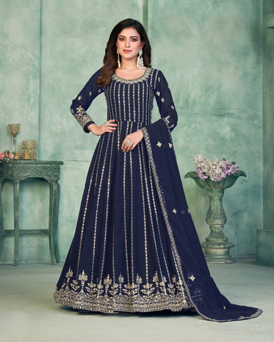 Navy Blue Faux Georgette Sequins Work Anarkali Suit With Embroidered Dupatta
