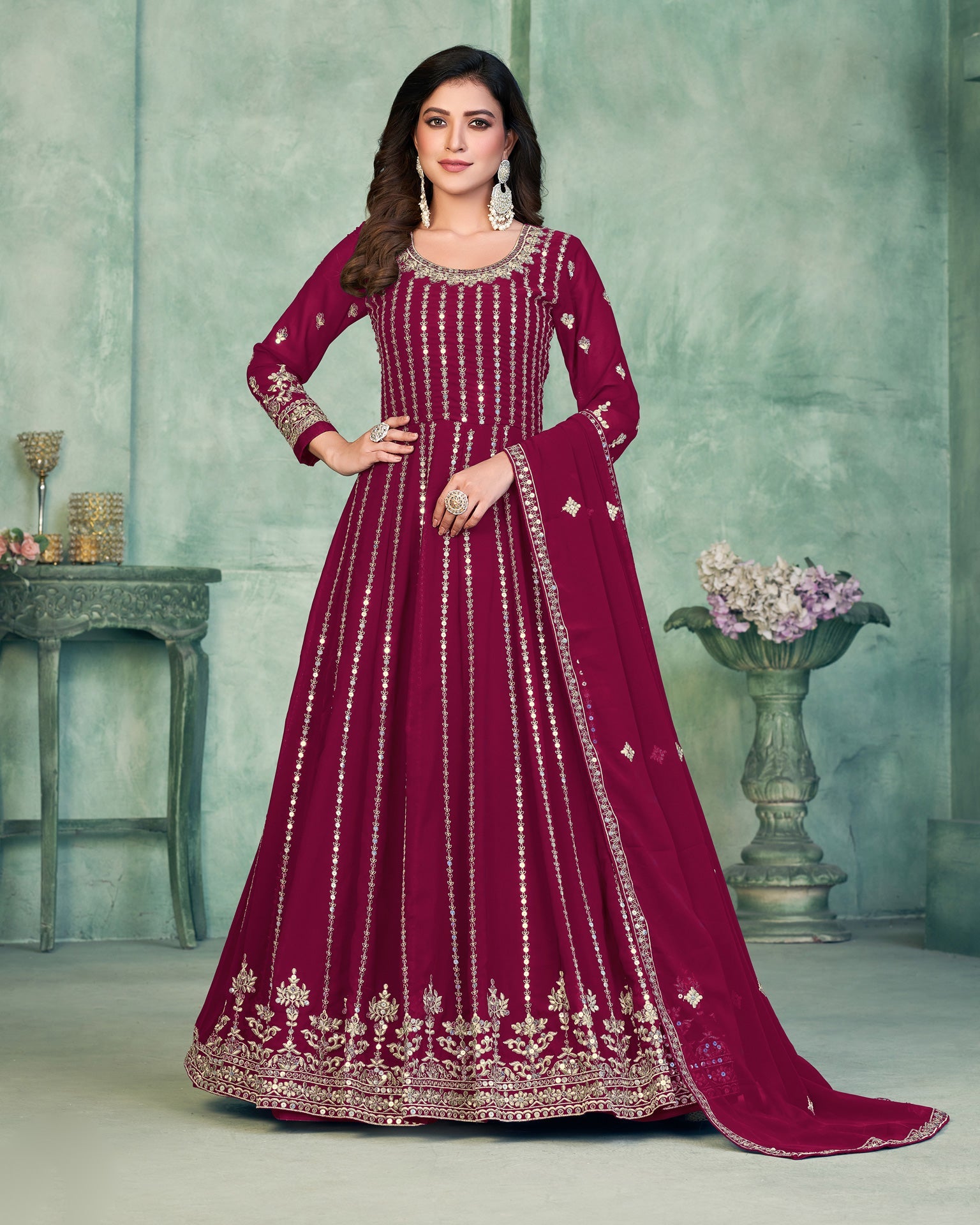 Maroon Faux Georgette Sequins Work Anarkali Suit With Embroidered Dupatta