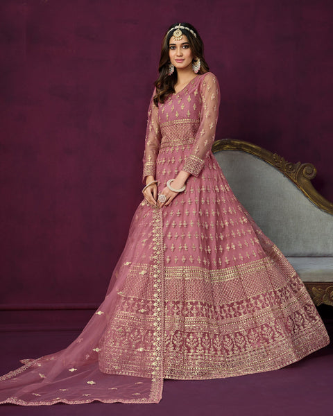 Pink Net Sequins & Thread Work Anarkali Suit With Net Embroidered Dupatta