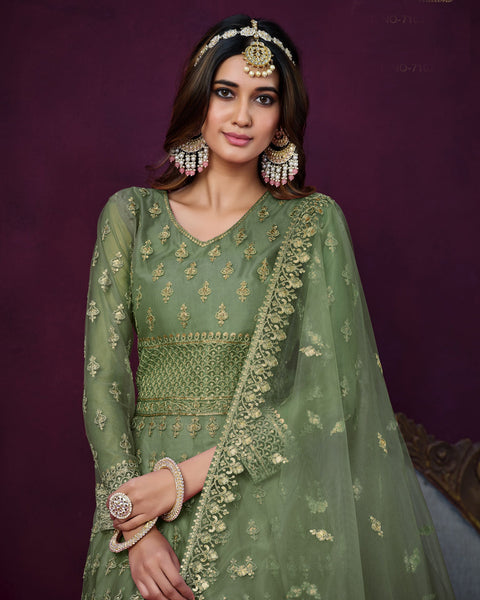 Green Net Sequins & Thread Work Anarkali Suit With Net Embroidered Dupatta